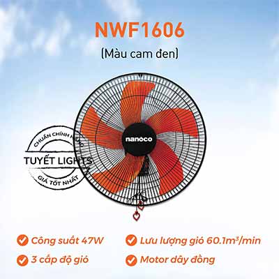 Nanoco - Quạt Treo Tường Màu Đen Cam - 5 Cánh - 3 Cấp Độ Gió | NWF1606