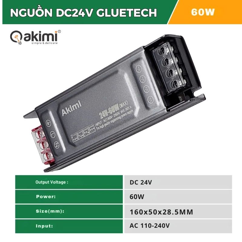 Bộ Nguồn Led Dây DC24V AKIMI GLUETECH 60W