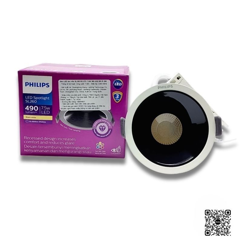 Đèn LED Spotlight Philips SL260 7.5W kèm hộp sản phẩm màu tím trên nền trắng