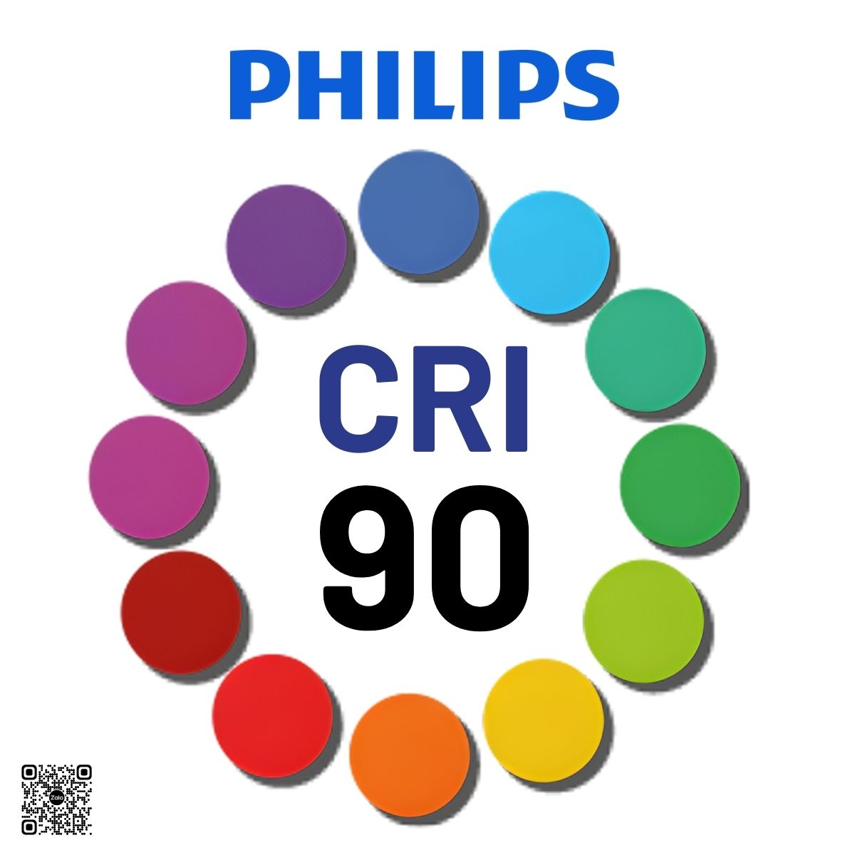 Logo Philips với vòng tròn màu sắc và chỉ số hoàn màu CRI 90 cho đèn chiếu sáng