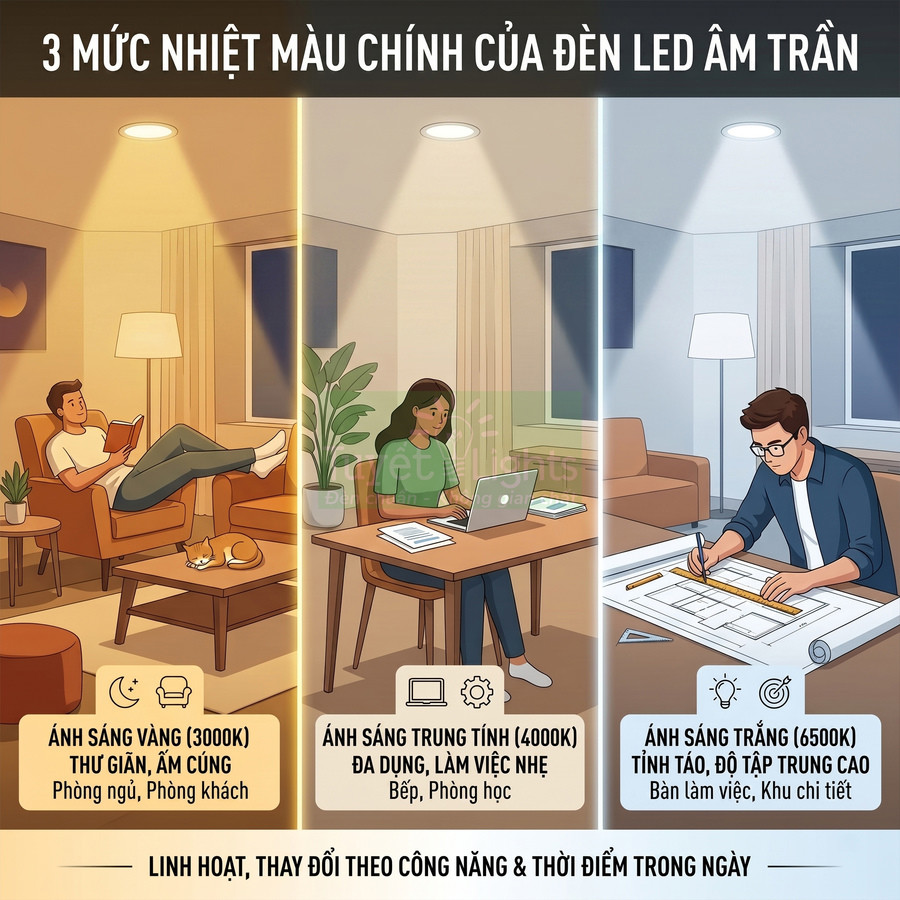 Đèn LED âm trần với ba mức nhiệt màu vàng, trung tính và trắng cho phòng khách, bếp và bàn làm việc