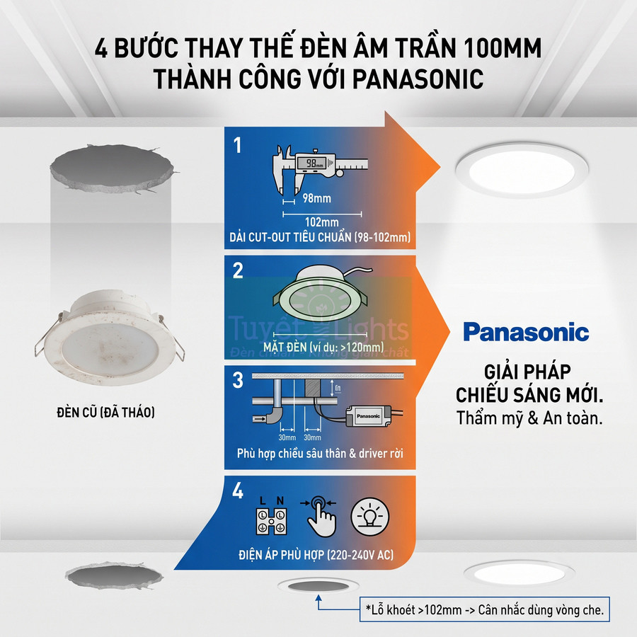 Hướng dẫn 4 bước thay thế đèn âm trần 100mm Panasonic với giải pháp chiếu sáng mới an toàn