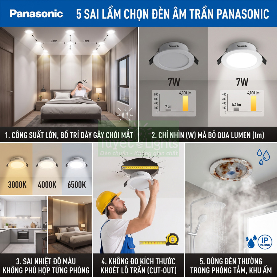 Đèn âm trần Panasonic và các sai lầm khi chọn công suất, lumen, nhiệt độ màu, kích thước và chống ẩm