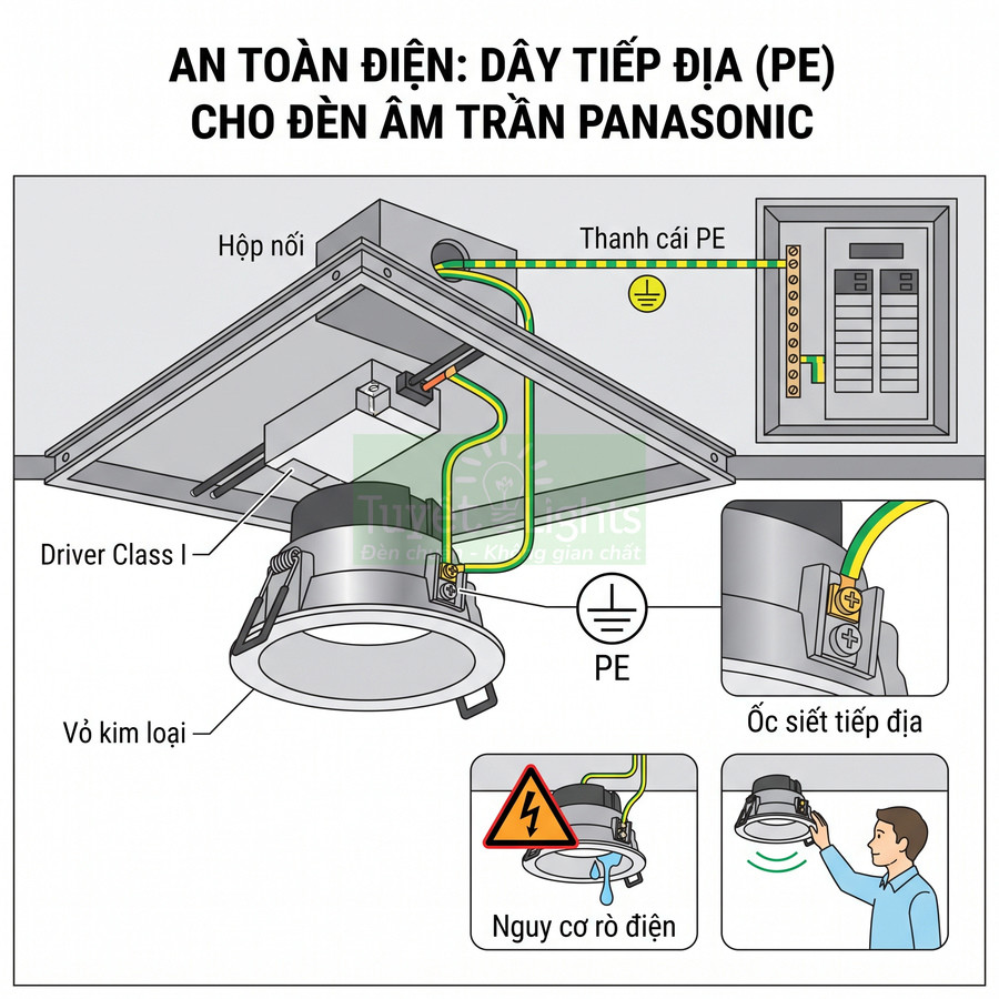 Hướng dẫn đấu dây tiếp địa PE cho đèn âm trần Panasonic vỏ kim loại an toàn chống rò điện