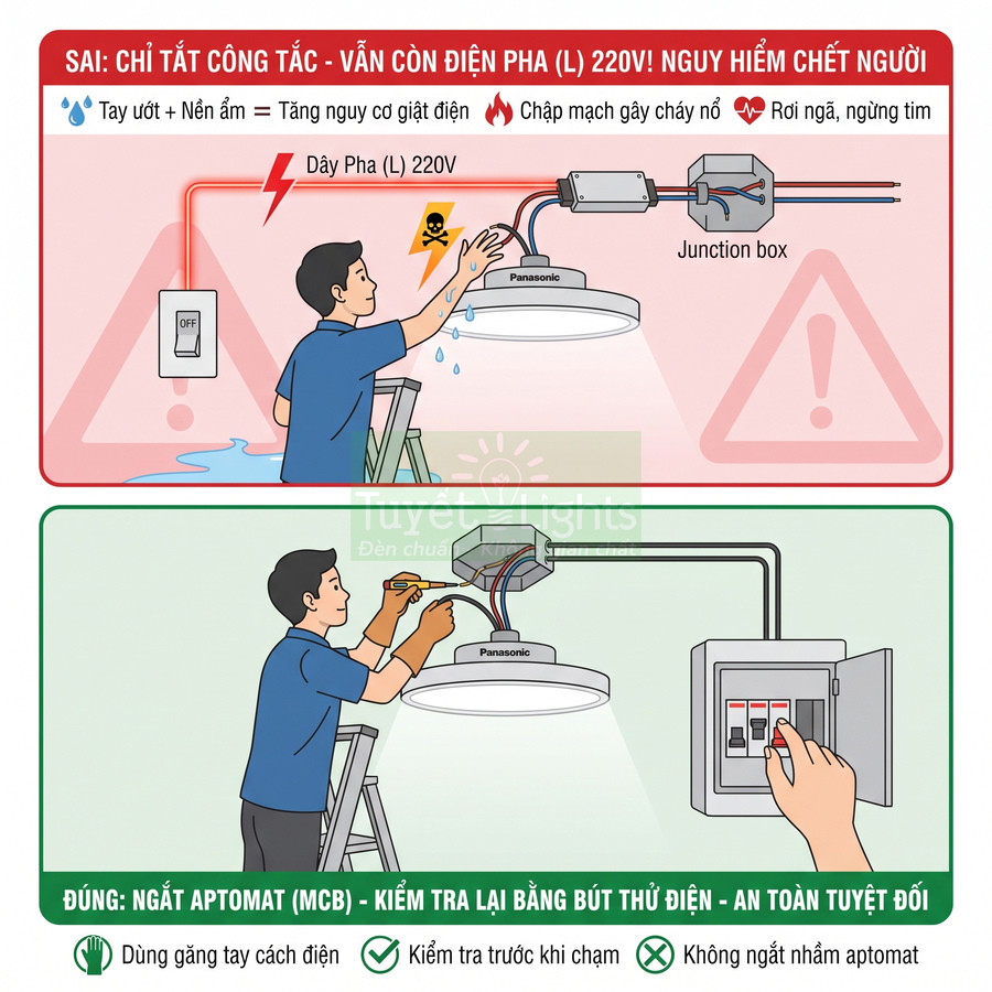 Hướng dẫn an toàn lắp đặt đèn trần Panasonic, so sánh cách tắt công tắc sai và ngắt aptomat đúng khi sửa điện