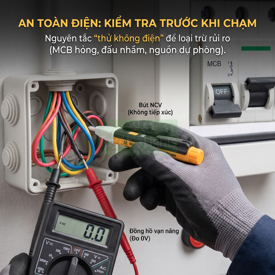Thợ điện dùng bút thử điện NCV và đồng hồ vạn năng kiểm tra an toàn hộp dây điện và aptomat