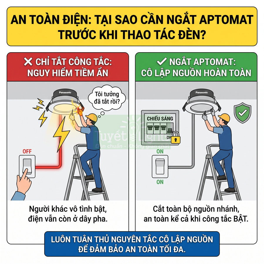 Hướng dẫn an toàn điện khi lắp đèn Panasonic, so sánh tắt công tắc và ngắt aptomat để cô lập nguồn
