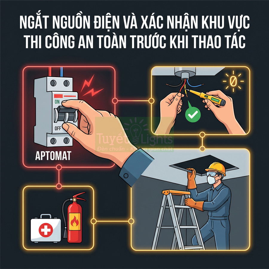 Hướng dẫn an toàn thi công điện với aptomat, bút thử điện, thang, bình cứu hỏa và bộ sơ cứu