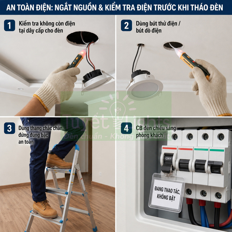 Hướng dẫn an toàn tháo lắp đèn âm trần với bút thử điện, thang nhôm và tắt CB điện phòng khách
