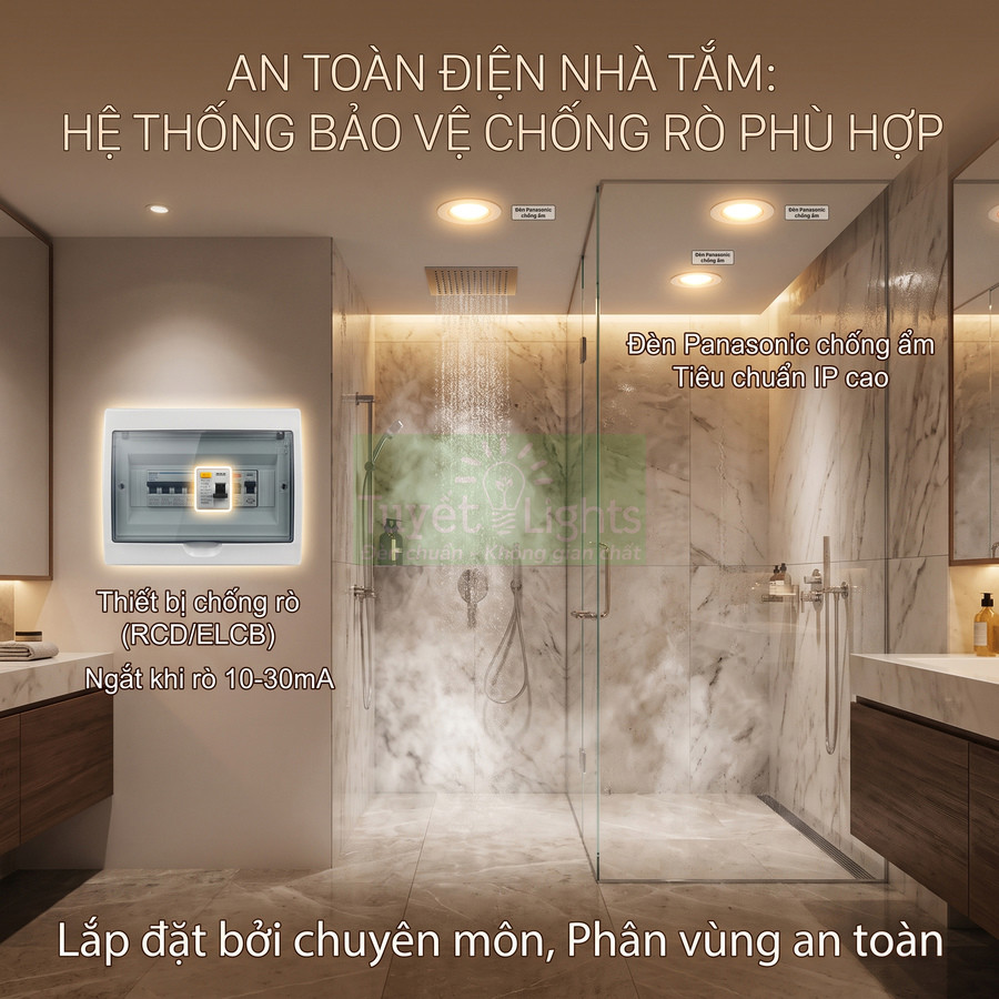 Phòng tắm cao cấp lắp đèn âm trần Panasonic chống ẩm và thiết bị chống rò điện RCD ELCB an toàn