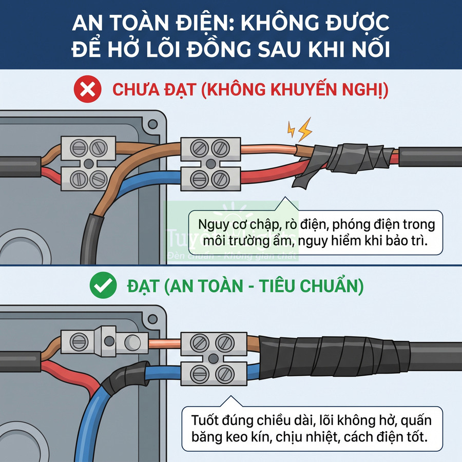 Hướng dẫn an toàn điện khi nối dây, so sánh cách để hở lõi đồng và cách bọc kín bằng băng keo cách điện
