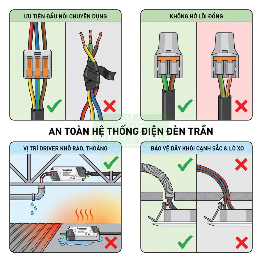 Hướng dẫn lắp đặt an toàn hệ thống điện đèn trần với đầu nối chuyên dụng, driver Panasonic và ống bảo vệ dây điện