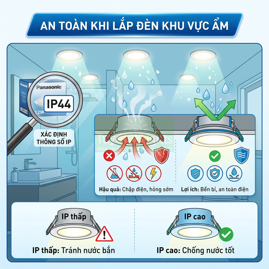 Đèn âm trần Panasonic IP44 chống nước cho khu vực ẩm, so sánh ưu điểm đèn IP cao và nhược điểm đèn IP thấp