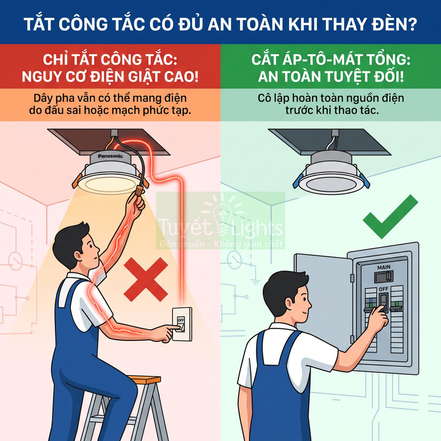 Hướng dẫn an toàn khi thay đèn âm trần Panasonic, so sánh tắt công tắc và cắt aptomat tổng