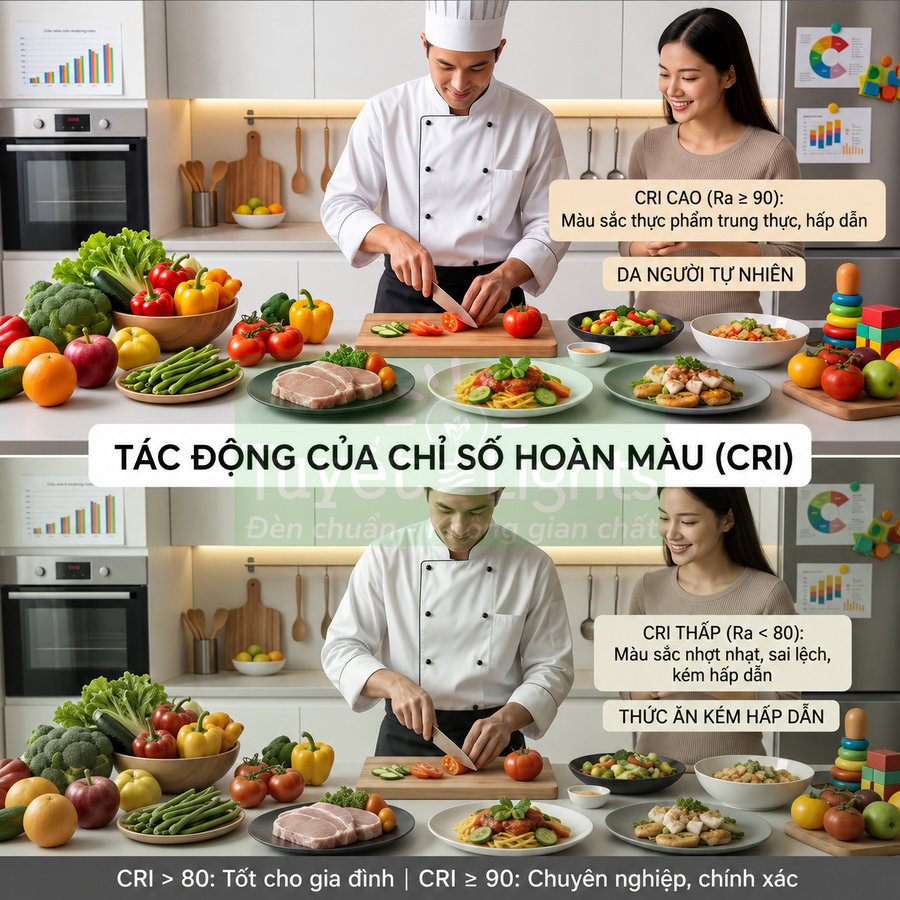 So sánh thực phẩm dưới ánh sáng CRI cao và thấp với đầu bếp đang chế biến món ăn trong bếp hiện đại