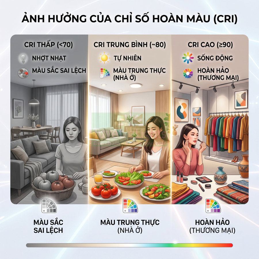 So sánh chỉ số hoàn màu CRI thấp, trung bình và cao cho đèn chiếu sáng trong nhà và cửa hàng thời trang