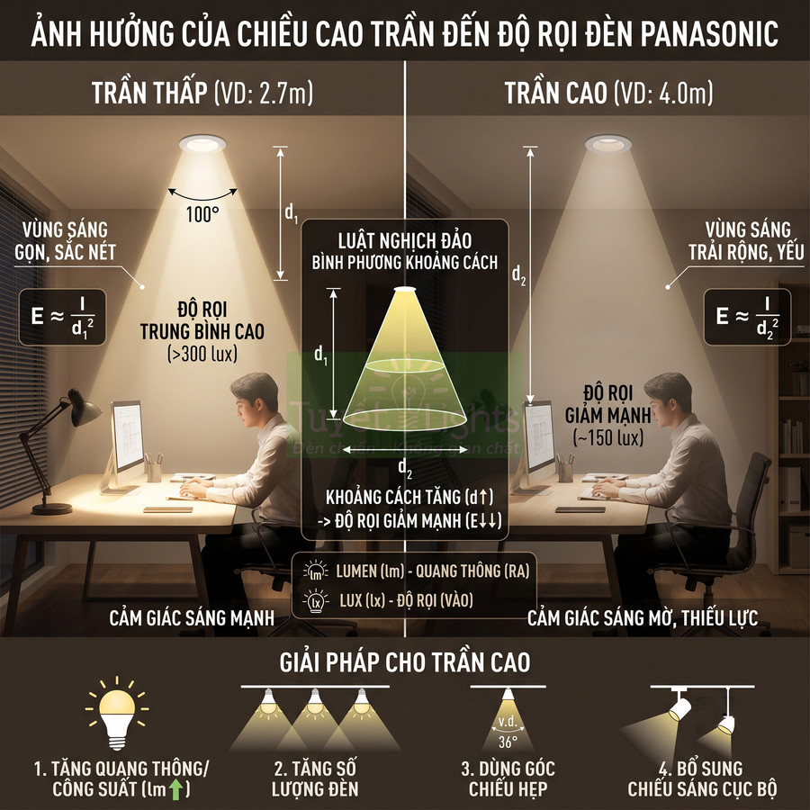 So sánh độ rọi đèn trần Panasonic ở trần thấp và trần cao khi làm việc tại bàn máy tính