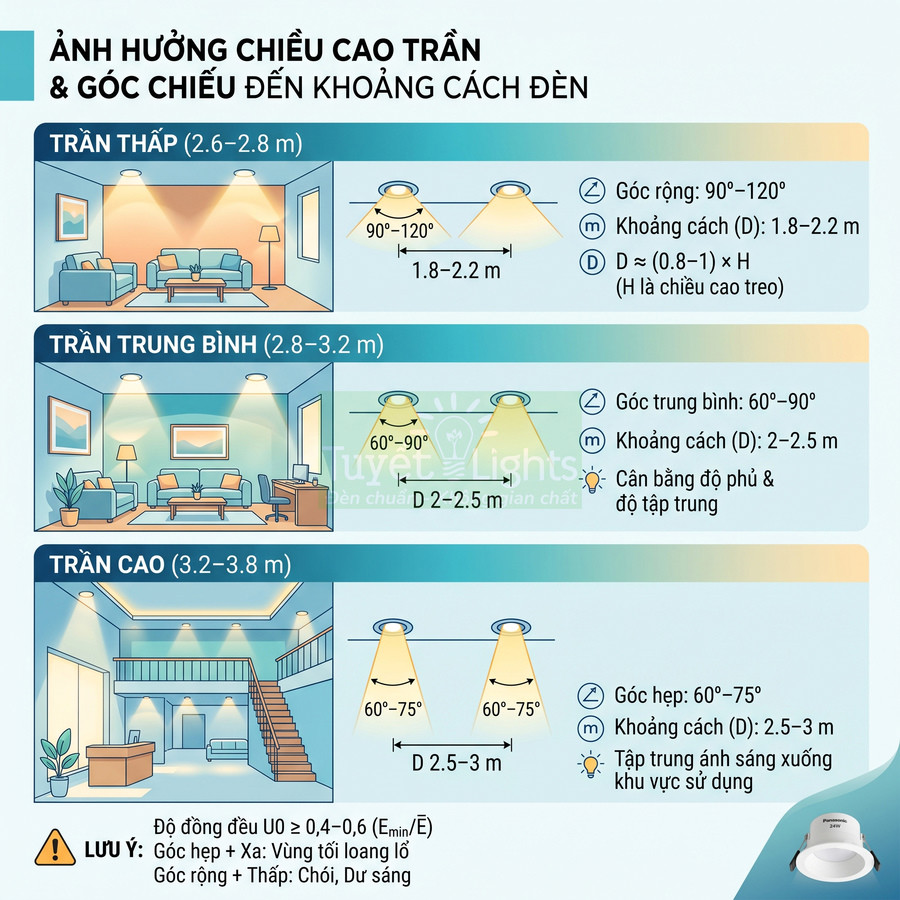 Hướng dẫn chọn góc chiếu và khoảng cách lắp đèn âm trần cho trần thấp, trần trung bình và trần cao