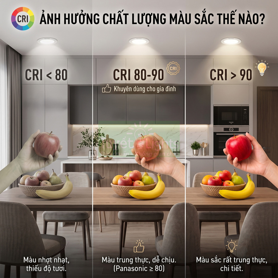 So sánh chất lượng màu sắc trái cây dưới ba mức CRI của đèn LED trong không gian bếp