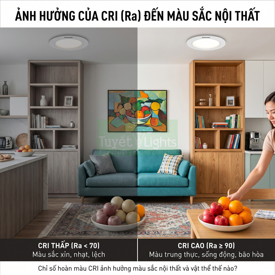 So sánh ánh sáng đèn LED Panasonic CRI thấp và CRI cao trong phòng khách, làm thay đổi màu nội thất và trái cây