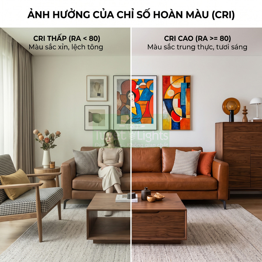 So sánh phòng khách với đèn CRI thấp và đèn CRI cao, thể hiện sự khác biệt về độ trung thực màu sắc nội thất