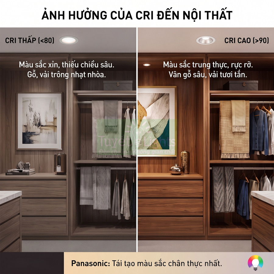 Đèn LED âm trần Panasonic so sánh CRI thấp và CRI cao trong tủ quần áo gỗ, cho màu sắc nội thất trung thực hơn