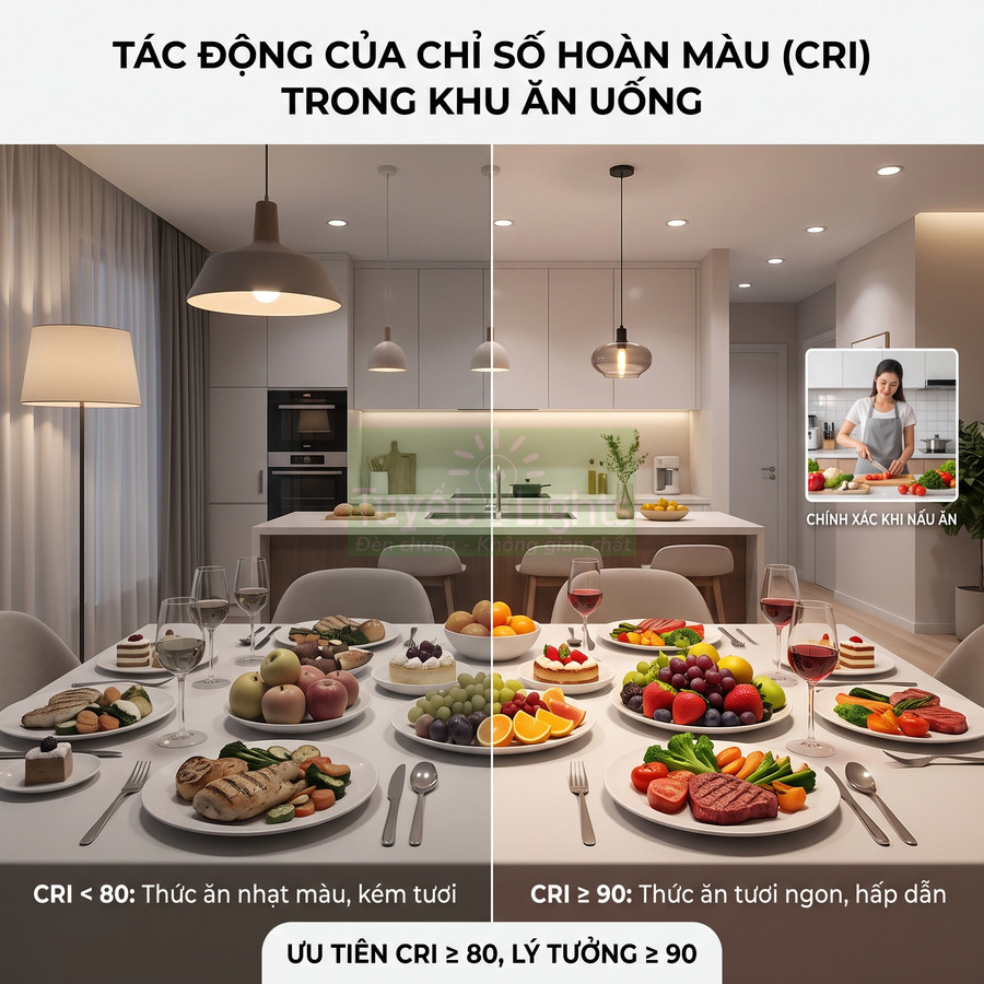 Bàn ăn với nhiều món trái cây và thịt dưới hai loại ánh sáng CRI khác nhau so sánh độ tươi ngon của thực phẩm