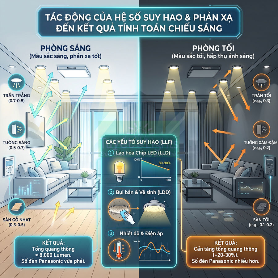 So sánh phòng khách dùng đèn LED Panasonic với tường trần sáng và tối, minh họa ảnh hưởng phản xạ ánh sáng