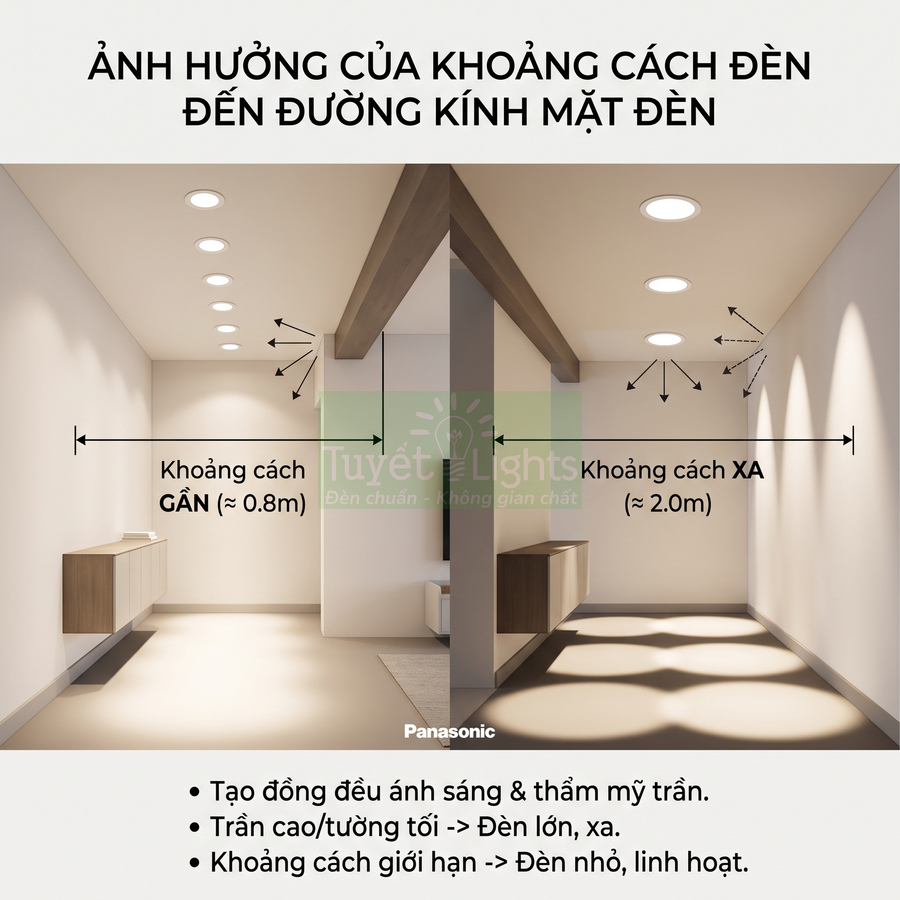 So sánh hiệu ứng chiếu sáng đèn âm trần Panasonic với khoảng cách gần và xa trên trần nhà