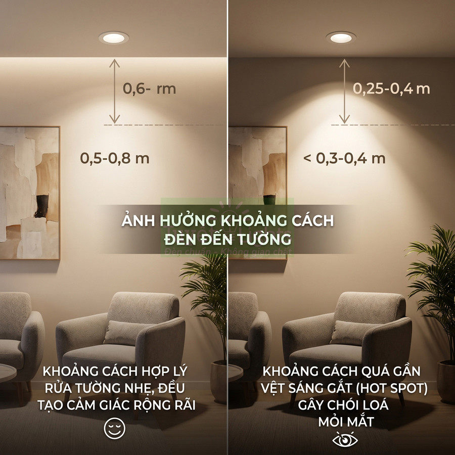 So sánh khoảng cách lắp đèn âm trần chiếu tường trong phòng khách với ghế sofa và tranh treo tường