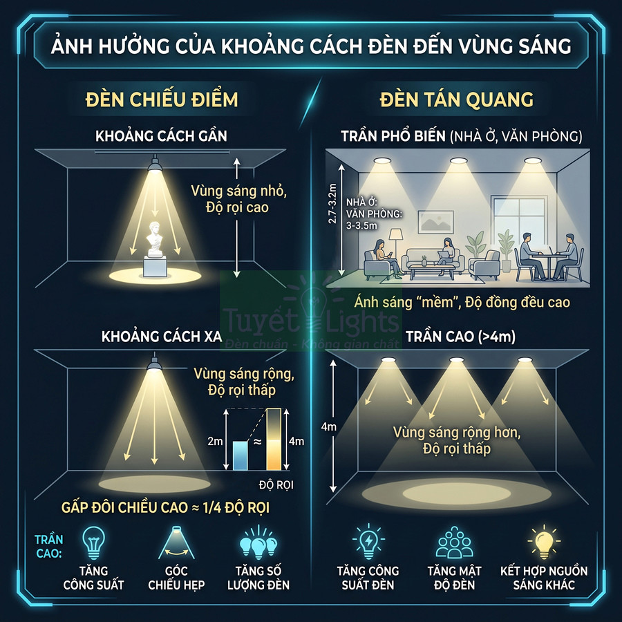 Infographic Tuyết Lights về ảnh hưởng khoảng cách đèn chiếu điểm và đèn tán quang đến vùng sáng trong nhà