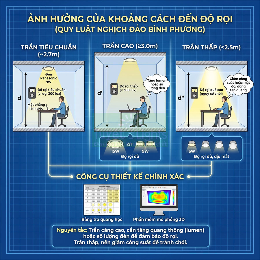 Infographic hướng dẫn chọn công suất đèn LED Panasonic theo chiều cao trần để đạt độ rọi phù hợp và tránh chói mắt