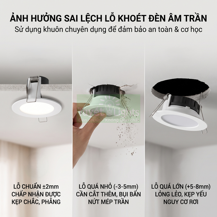 Đèn led âm trần tròn minh họa ảnh hưởng kích thước lỗ khoét chuẩn, quá nhỏ và quá lớn