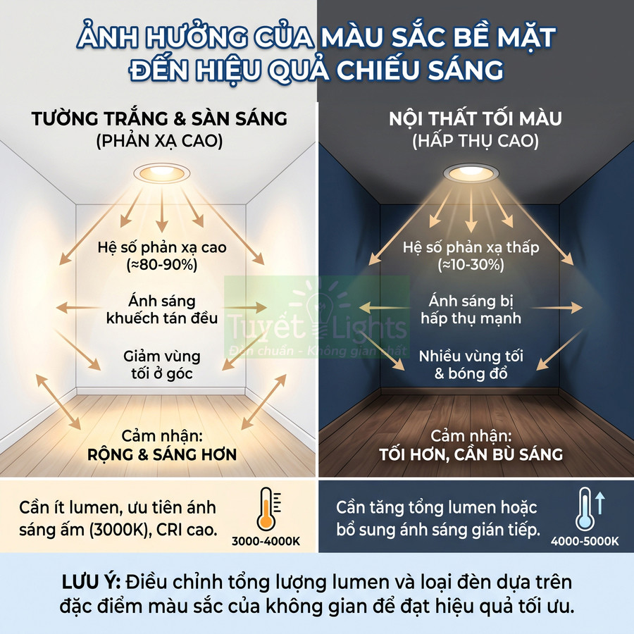 So sánh hiệu quả chiếu sáng đèn trần LED trong phòng tường trắng sáng và phòng nội thất tối màu