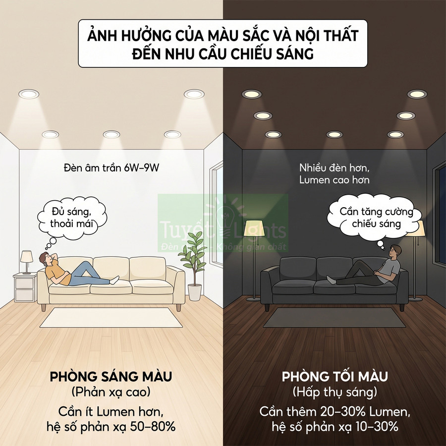 So sánh phòng khách sáng màu và tối màu dùng đèn âm trần LED, minh họa nhu cầu Lumen khác nhau