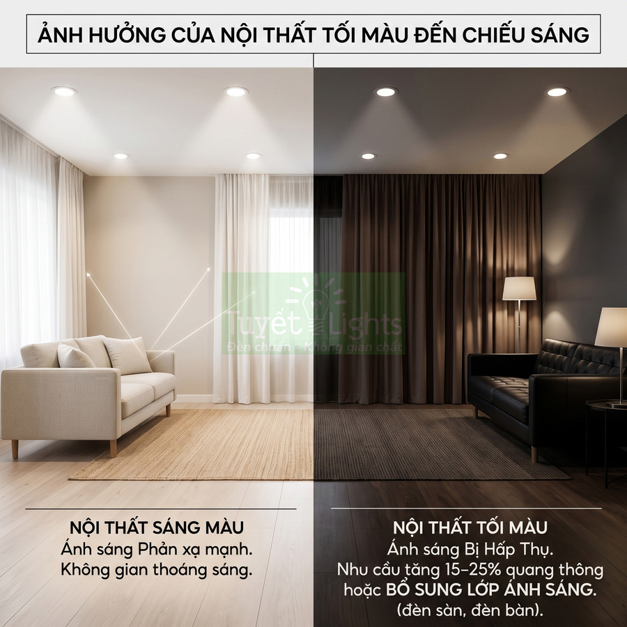 So sánh phòng khách nội thất sáng màu và tối màu với hệ thống đèn âm trần Tuyết Lights