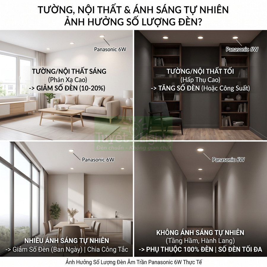 So sánh số lượng đèn âm trần Panasonic 6W cho phòng sáng, phòng tối, nhiều ánh sáng tự nhiên và hành lang kín