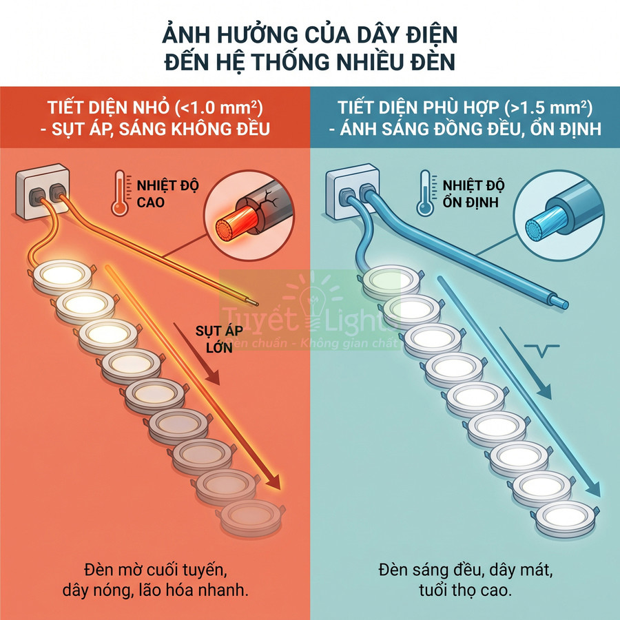 So sánh dây điện tiết diện nhỏ và lớn ảnh hưởng đến độ sáng, tuổi thọ hệ thống đèn âm trần