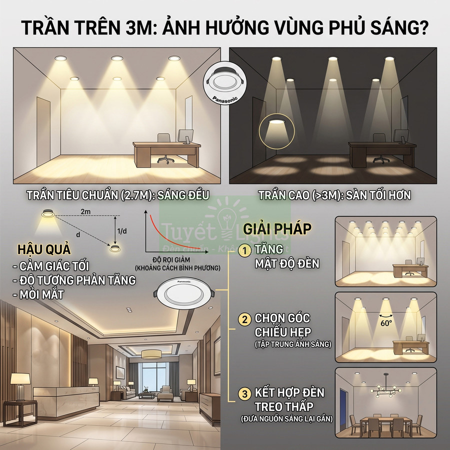 Đèn âm trần Panasonic chiếu sáng phòng khách và văn phòng trần cao trên 3m