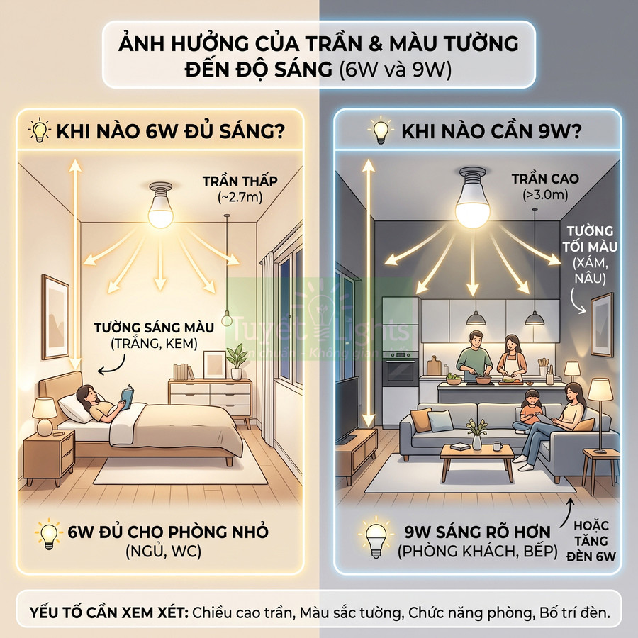 So sánh độ sáng bóng đèn LED 6W và 9W cho phòng ngủ trần thấp và phòng khách trần cao