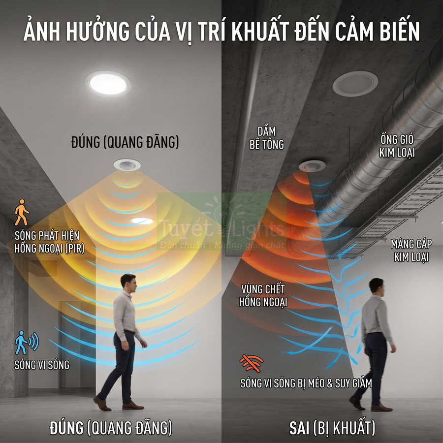 Minh họa cảm biến chuyển động trần nhà hoạt động đúng và sai khi bị che khuất bởi dầm bê tông, ống gió kim loại