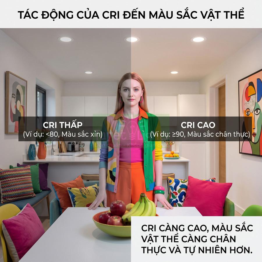So sánh ánh sáng CRI thấp và CRI cao trong phòng bếp với người mẫu và trái cây nhiều màu sắc