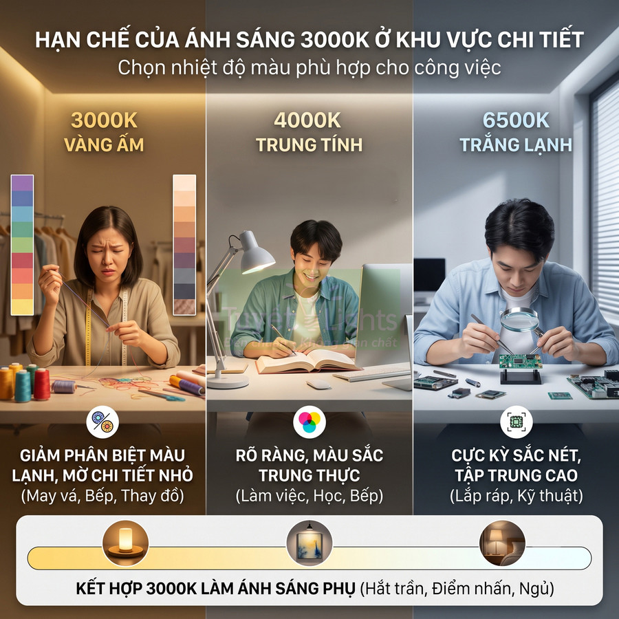So sánh ánh sáng 3000K 4000K 6500K cho bàn làm việc may vá học tập và lắp ráp kỹ thuật