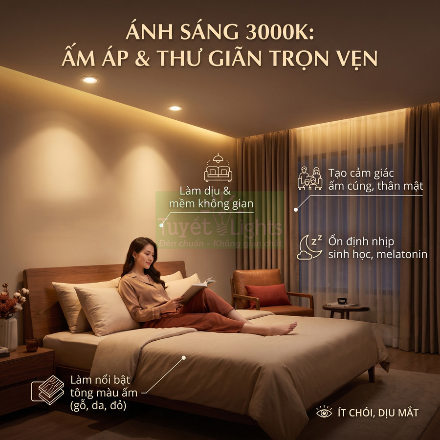 Phòng ngủ dùng đèn LED ánh sáng vàng 3000K tạo không gian ấm áp thư giãn, phù hợp đọc sách trên giường