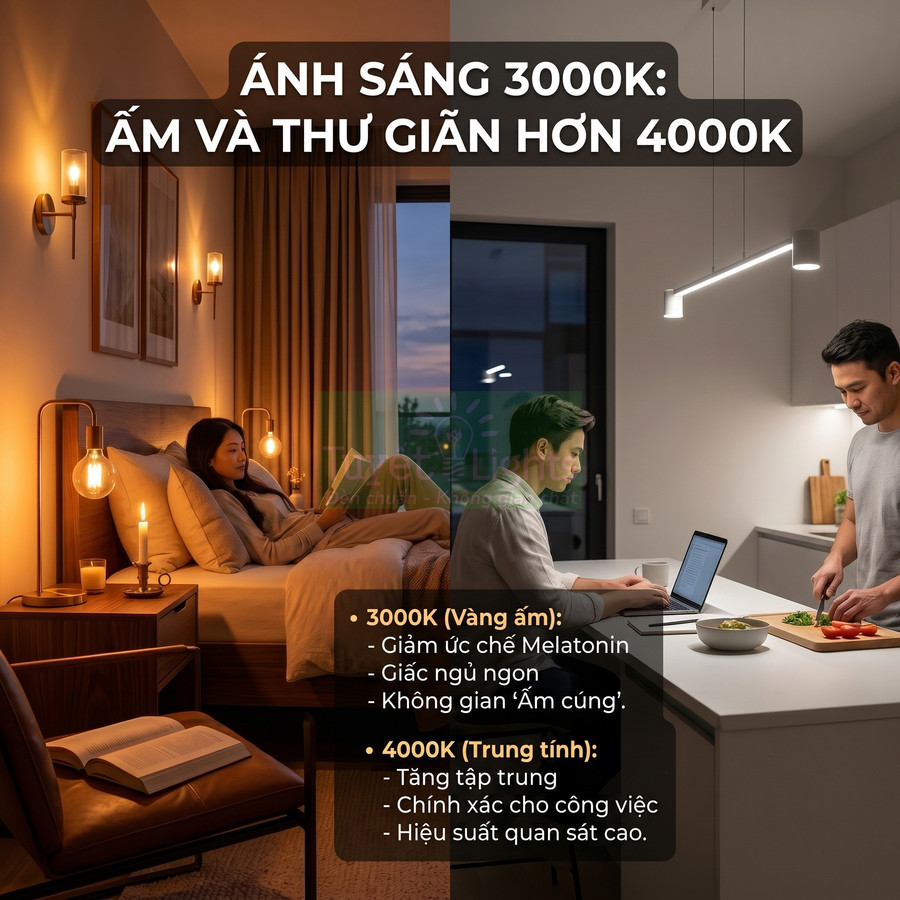 So sánh ánh sáng đèn 3000K vàng ấm thư giãn trong phòng ngủ và ánh sáng 4000K trung tính cho bếp và làm việc