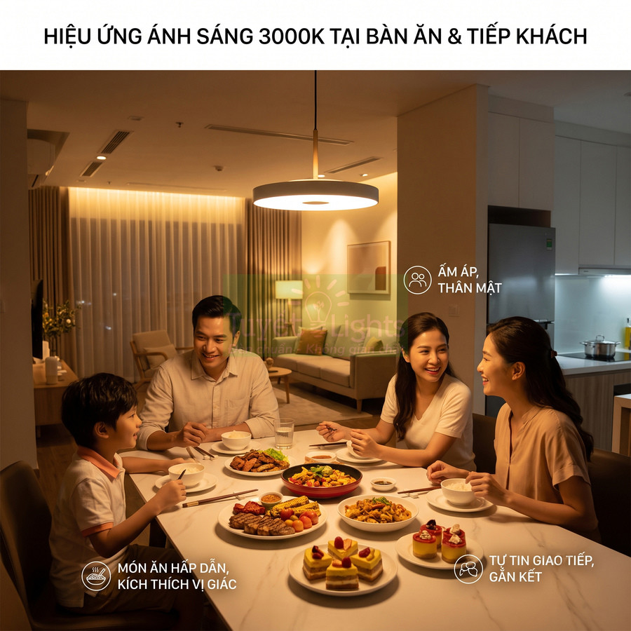 Đèn trần ánh sáng vàng 3000K chiếu bàn ăn gia đình, tạo không gian ấm áp và làm món ăn thêm hấp dẫn