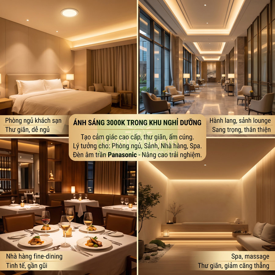Đèn âm trần Panasonic ánh sáng 3000K cho phòng ngủ, sảnh, nhà hàng fine dining và spa khách sạn cao cấp