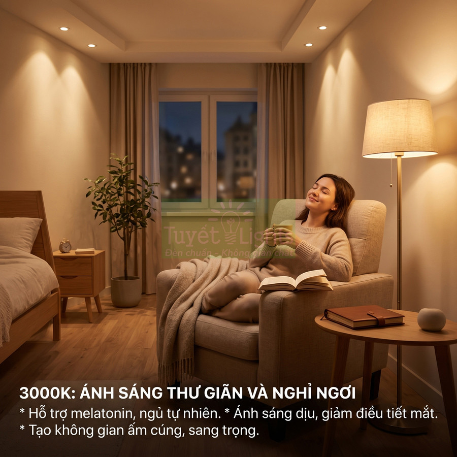 Đèn ngủ ánh sáng vàng 3000K Tuyết Lights tạo không gian phòng ngủ ấm cúng cho người phụ nữ thư giãn đọc sách