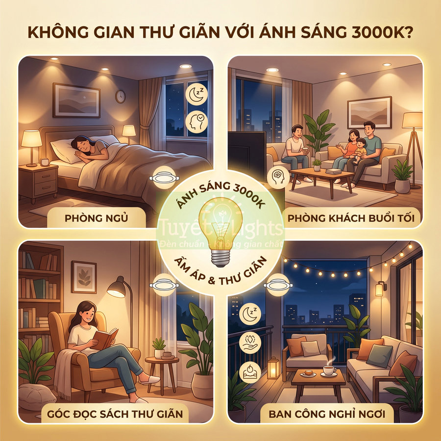 Đèn LED ánh sáng vàng 3000K tạo không gian thư giãn cho phòng ngủ, phòng khách, góc đọc sách và ban công