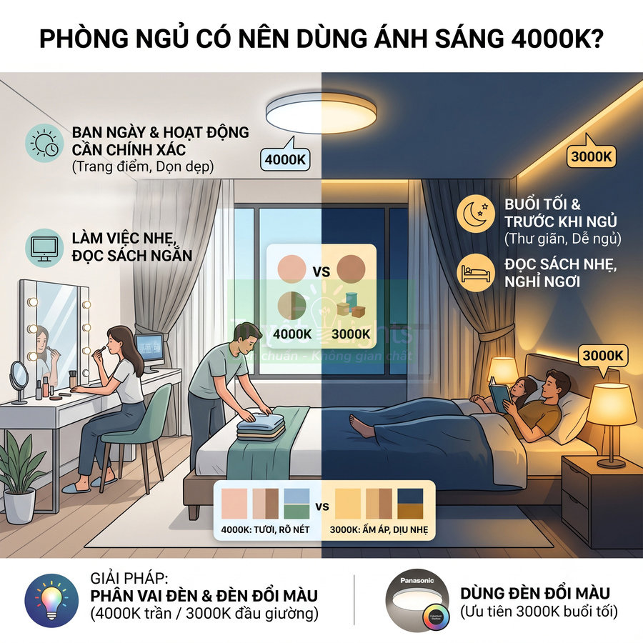 Đèn LED đổi màu Panasonic 4000K và 3000K cho phòng ngủ, phân vùng ánh sáng làm việc và thư giãn